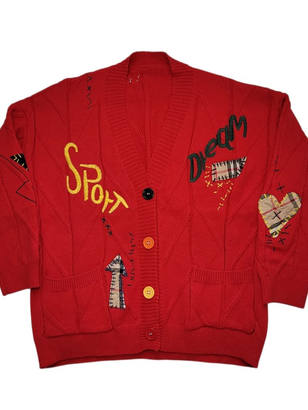 Ebossy Knit Cardigan Red Colorful Embroidery Patches Women Medium Streetwear Y2K - Picture 3 of 11